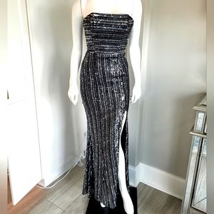 Black and silver sequin gown